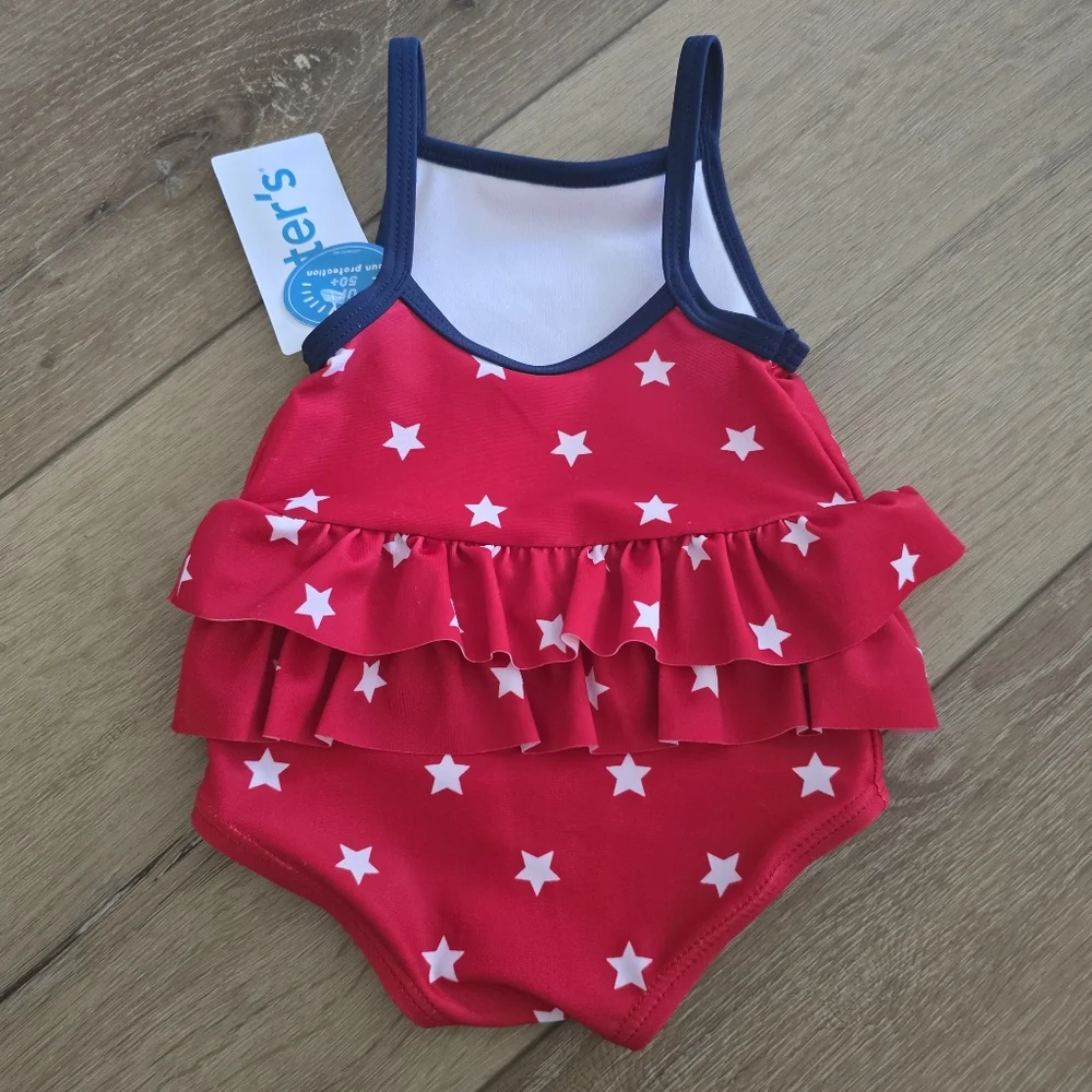 NWT Carters Baby Girl American Star Red White and Blue Ruffle Swim with snap